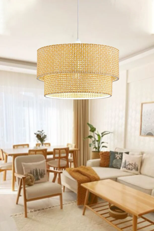 Modern Doğal Hazeran Rattan 2 Katlı Sarkıt Avize